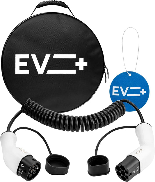 EV + E-auto-laadkabel Spiraal Type 2 naar Type 2 IEC 62196, 3 Meter Draagbare Laadkabel 1-Fase 32A 7.2 kW Zwart met Draagtas, Kabel voor Elektrisch Voertuig, Type 2 Oplader Laadkabel Elektrische Auto