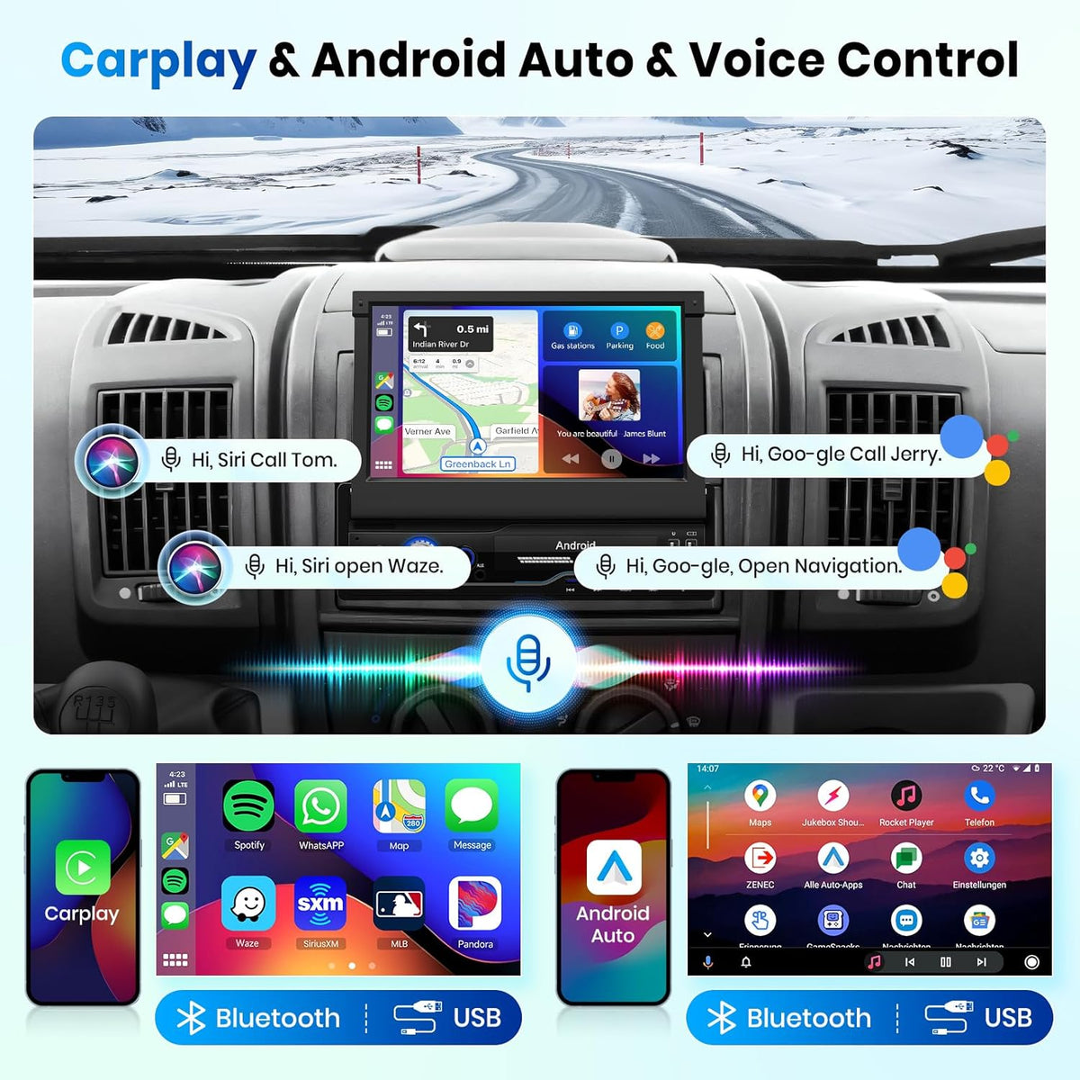 2G+64G Android Autoradio 1 Din Draadloos CarPlay Android Auto 7 inch Handmatig Inklapbaar Scherm met Mirror Link Dual Bluetooth FM/RDS/EQ WiFi Navi GPS USB Stuurwielbediening Achteruitrijcamera