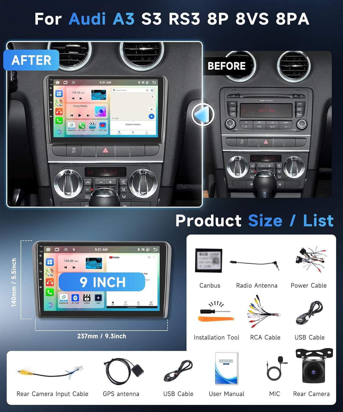Rimoody 6G+128G 8 Core Android Autoradio voor Audi A3 S3 RS3 8P 8VS 8PA 2003-2012, 9 inch touchscreen autoradio met carplay draadloze Android Auto Mirror Link Bluetooth FM/RDS/EQ WiFi GPS