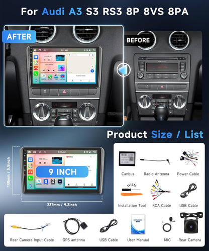 Rimoody 6G+128G 8 Core Android Autoradio voor Audi A3 S3 RS3 8P 8VS 8PA 2003-2012, 9 inch touchscreen autoradio met carplay draadloze Android Auto Mirror Link Bluetooth FM/RDS/EQ WiFi GPS