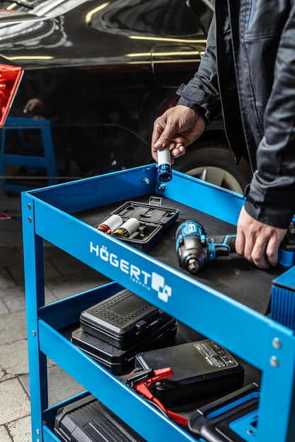 Högert Technik - Werkplaatswagen met 3 etages | Draagvermogen: 110 kg | Met 4 wielen van pvc | 3 niveaus met een oppervlak van 730 x 384 x 80 mm | Gereedschapskasten
