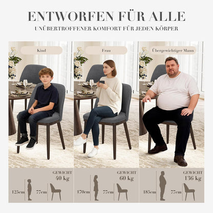 COLAMY Set van 4 gestoffeerde eetkamerstoelen, moderne keukenstoelen met rugleuning, stoffen stoel met houten poten voor eetkamer, keuken, restaurant, lichtgrijs