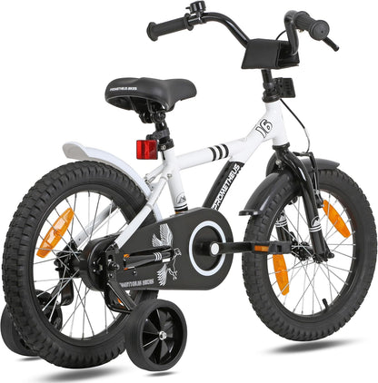 PROMETHEUS BICYCLES Kinderfiets, 16 inch vanaf 5 jaar, kinderfiets, meisjes, jongens, fiets met steunwielen, terugtraprem, in wit en zwart