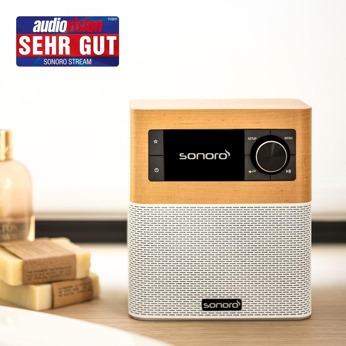 sonoro Stream internetradio met Bluetooth (FM, WLAN, Spotify, Deezer, spatwaterdicht) esdoorn/wit