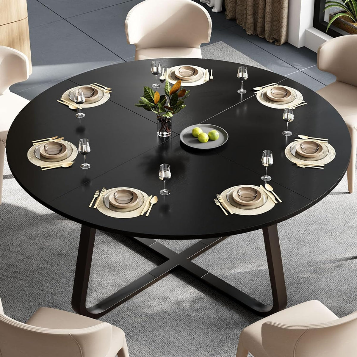 LVB Zwarte ronde eettafel en eettafel, moderne keuken van metaal en hout, kleine industriële tafel voor 4 tot 6 personen