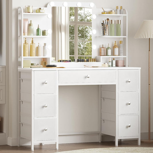 Hzuaneri LED Makeup Table, Vanity Table with Large HD Mirror, 7 Drawers and 6 Storage Compartments, Dressing Table for Bedroom, Modern White DT42303XEU