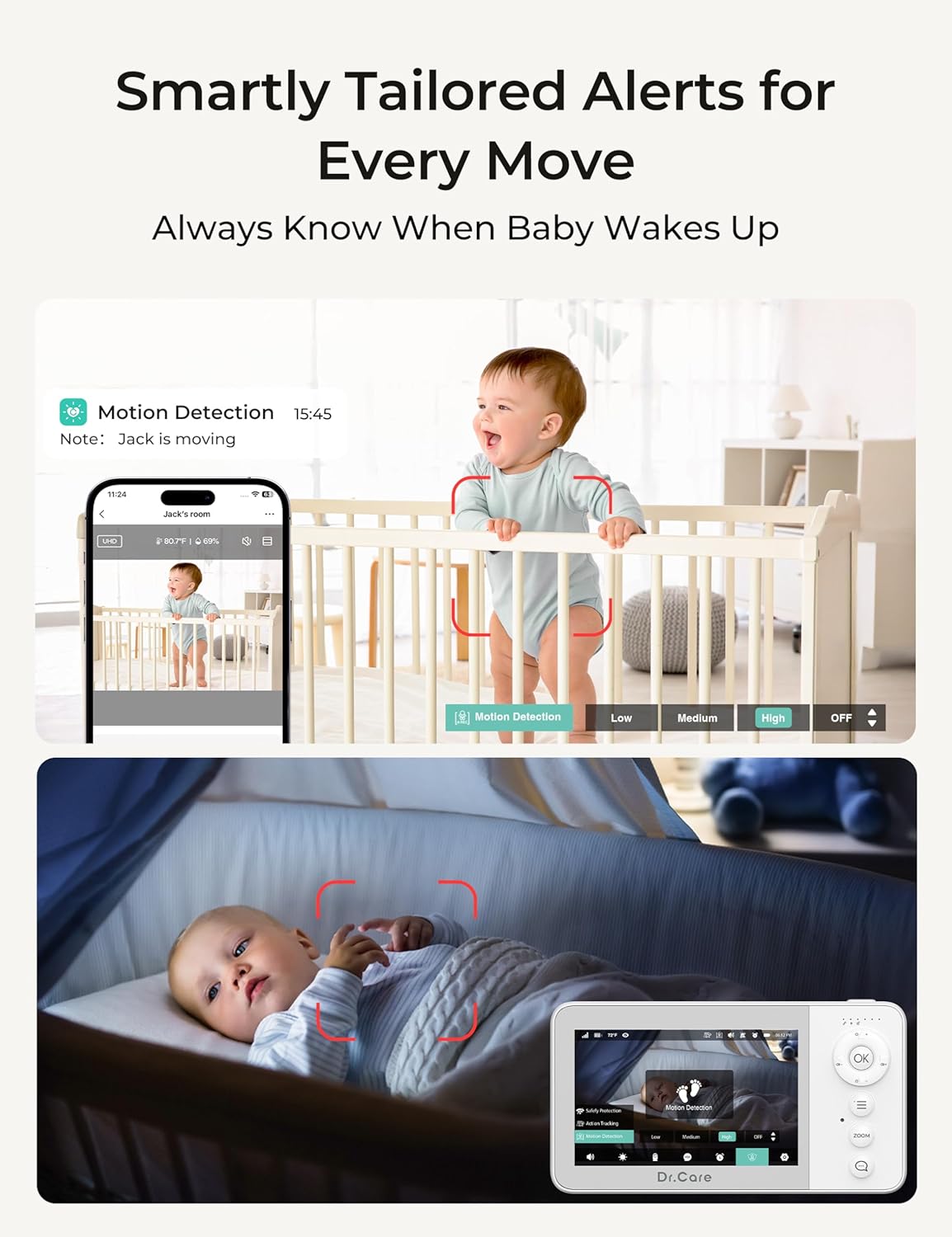 Dr.Care VistaView Lite Smart WiFi babyfoon, 2 camera's, 4 inch 720p split-scherm, 1080p app-bediening, bewegingsdetectie, nachtzicht, 2500 mAh afneembare batterij, 2-weg communicatie, 300 m bereik.