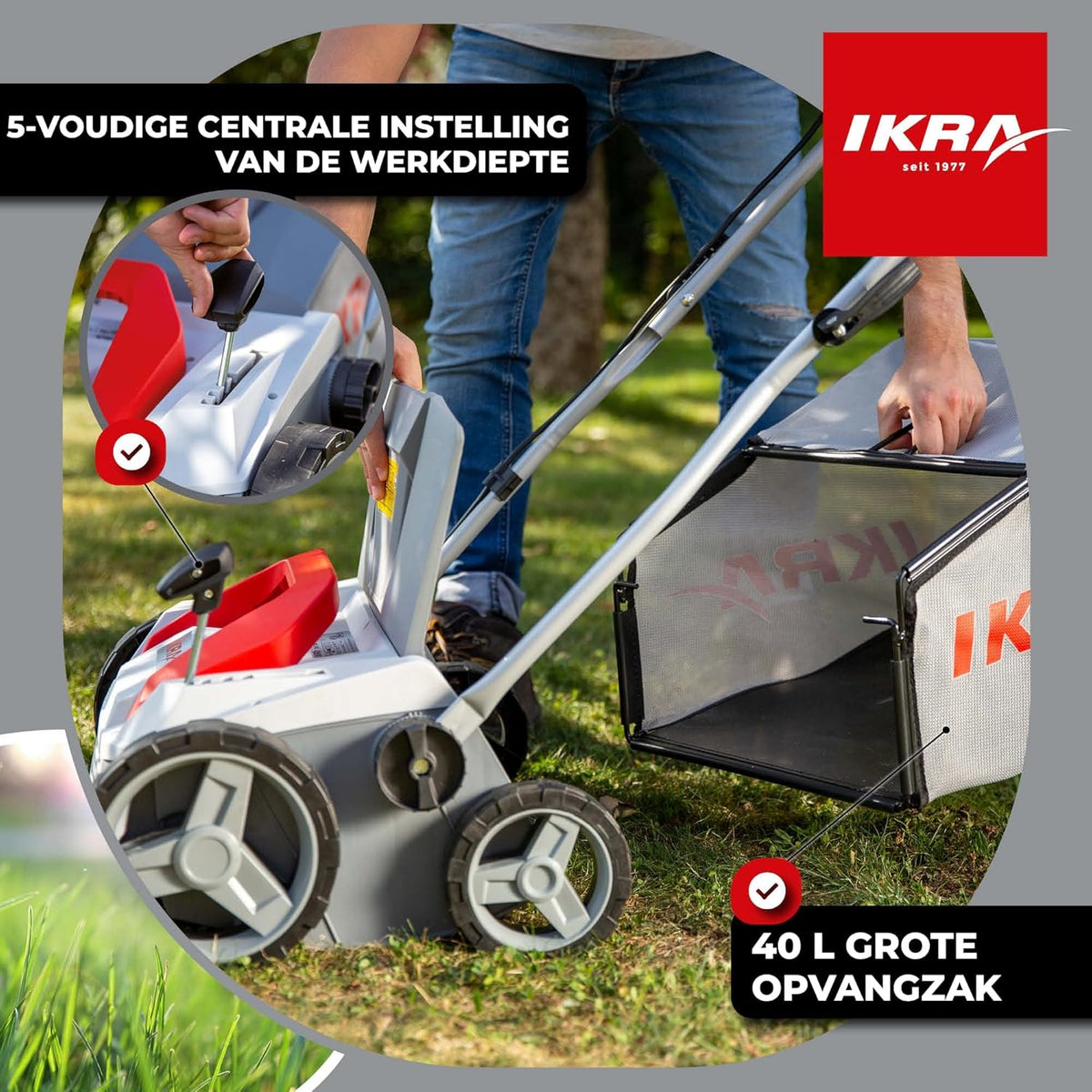 IKRA Elektrische Verticuteermachine Gazonbeluchter IEVL 1838, opvangmand 40l, werkbreedte 38cm, werkdiepte instelbaar - QUORE