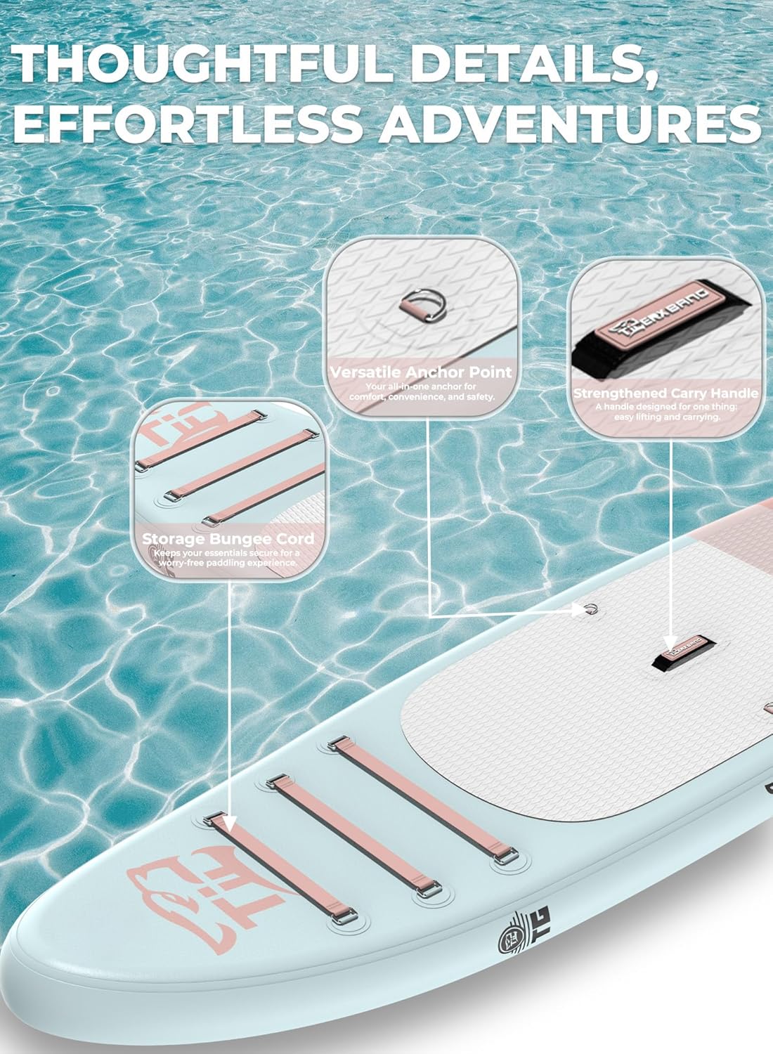 Opblaasbaar stand-up paddleboard met SUP-boardaccessoires, antislip, minimalistisch paddleboard voor volwassenen en jongeren van alle vaardigheidsniveaus, Sunny Wave Collection-Roze
