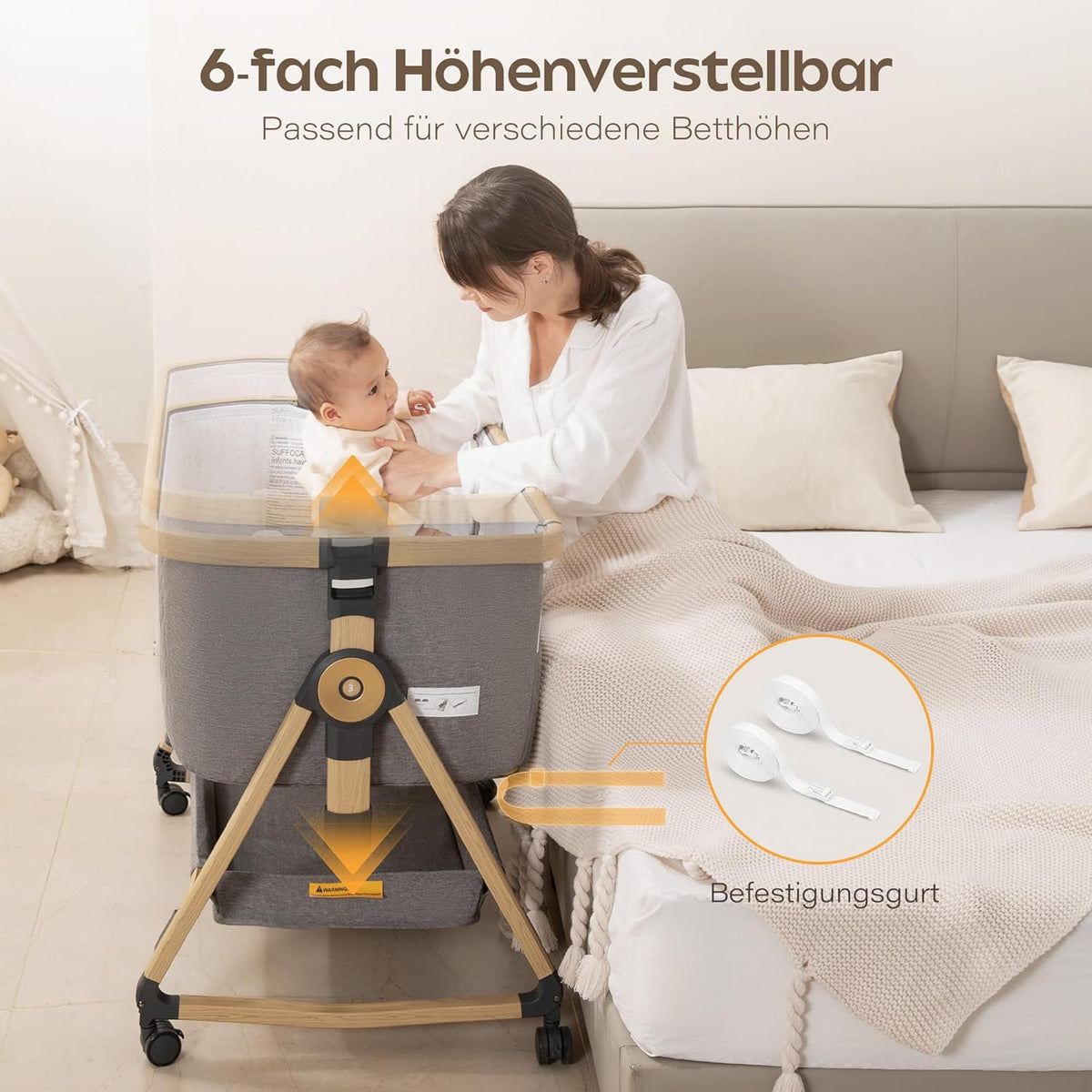 Maydolly Baby Cot,Baby Co-sleeper, 3 in 1 Cots, Bedroom Crib,Cot,High Quality Mattress ech Height Adjustment and Incline Adjustment, 4 Casters with Brake(Grey) - QUORE
