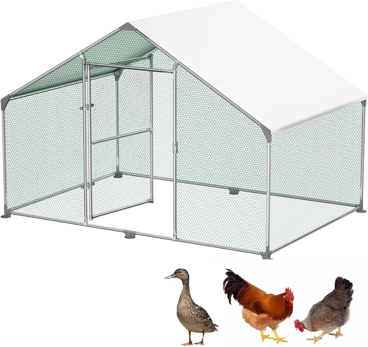 LARS360 Outdoor Chicken Coop 3 x 2 x 2 m Outdoor Fence, Coated PE Shade Roof, Galvanized Steel Frame, Use for Chickens, Poultry Stables, Bird Cages, Small Animals, Silver - QUORE