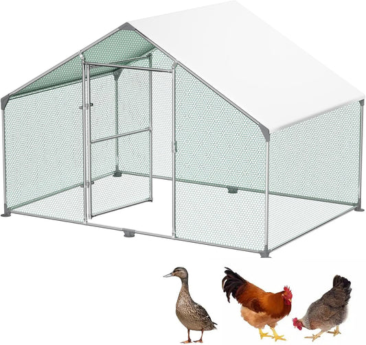LARS360 Outdoor Chicken Coop 3 x 2 x 2 m Outdoor Fence, Coated PE Shade Roof, Galvanized Steel Frame, Use for Chickens, Poultry Stables, Bird Cages, Small Animals, Silver - QUORE