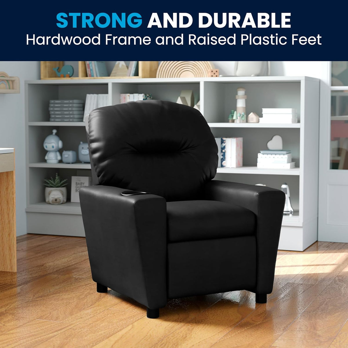Flash Furniture Contemporary Kids Fauteuil met bekerhouder, leer, zwart ledersoft, set van 1