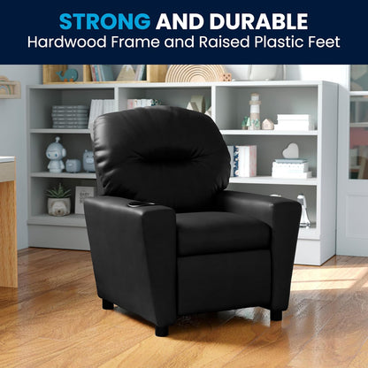 Flash Furniture Contemporary Kids Fauteuil met bekerhouder, leer, zwart ledersoft, set van 1