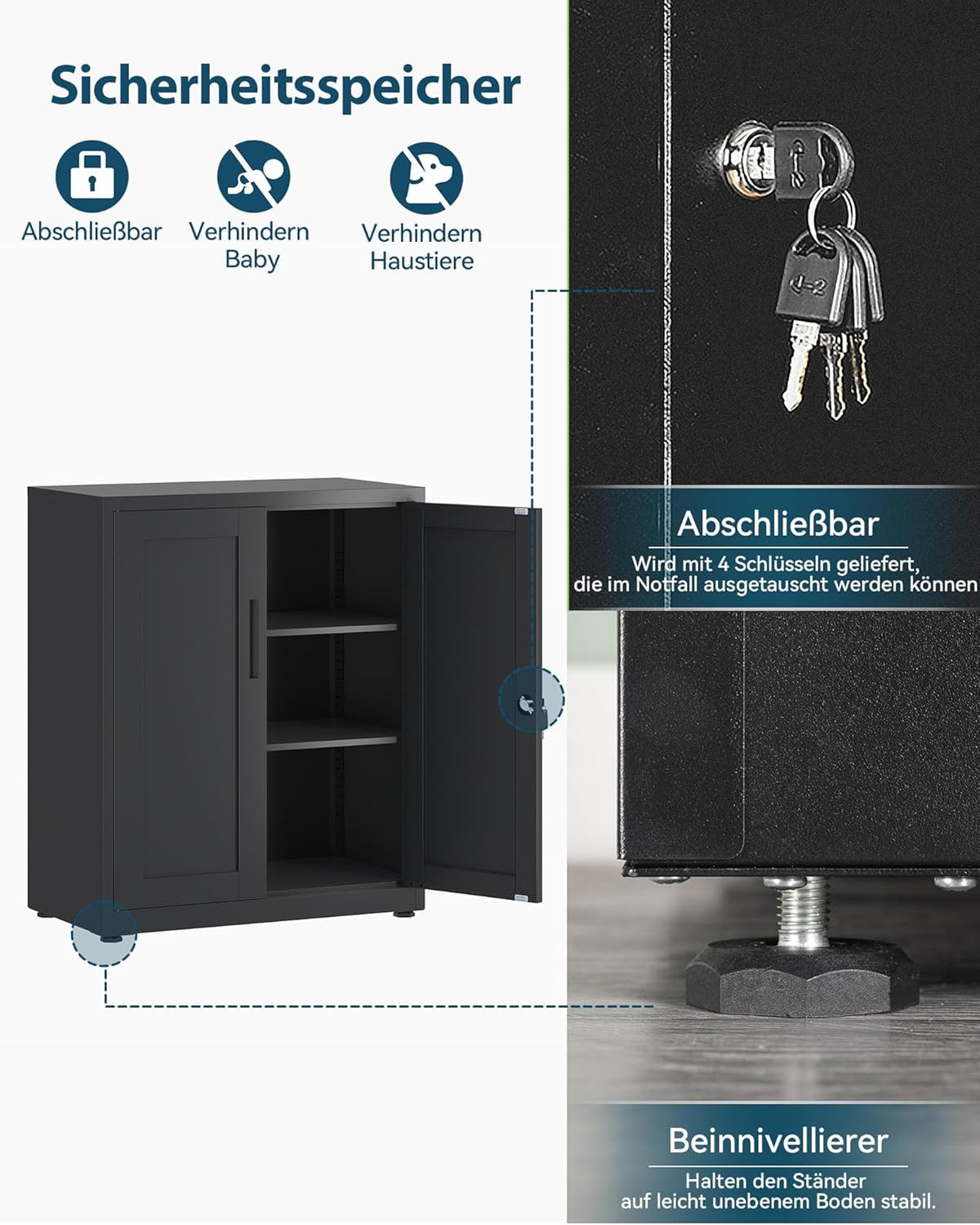 OSC211B01HI archiefkast, afsluitbare garagekast, 3 niveaus, zwart