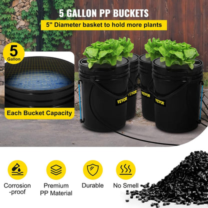 Hydrocultuur Systeem – Diepe Watercultuur – Kweekemmer Set – Kweekkit – DWC Kweekset – 4 Emmers 23L PP – 8W Luchtpomp Met Waterniveau-indicator