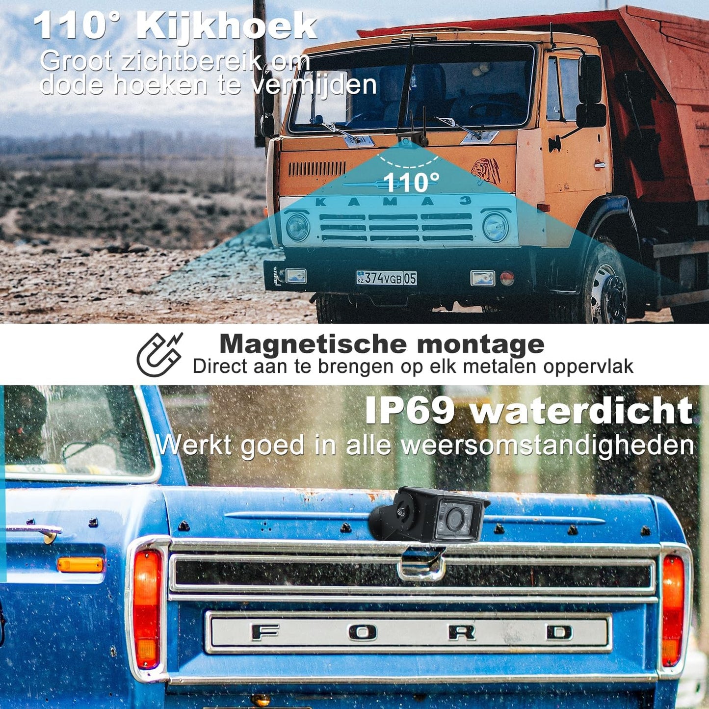 GENBOLT 4G LTE vrachtwagen camera voor remote monitoring. Realtime en multi-hoek monitoring met 1080P dual camera's. Geluids- en lichtalarm. IP69 waterdicht. Magnetische beugel