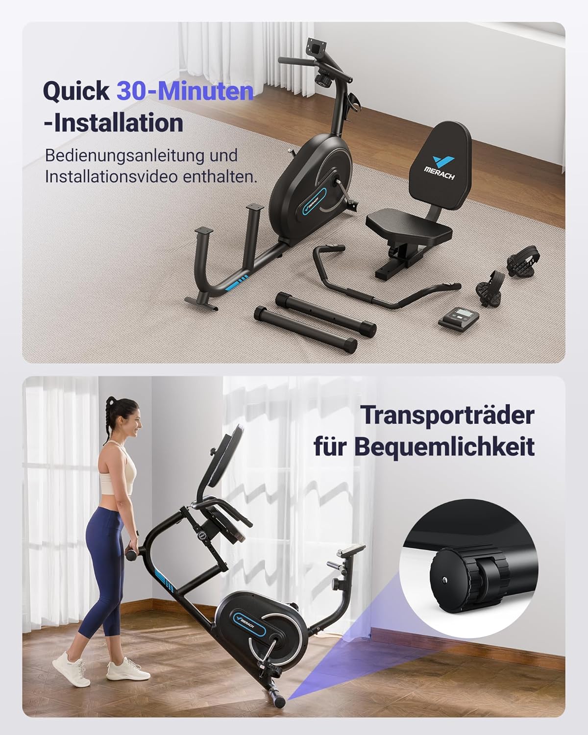 MERACH Ligergometer voor thuis met 8 verstelbare weerstandsniveaus, smart bluetooth, exclusieve app-connectiviteit, lcd-display, hartslagsensoren en verstelbare rugleuning