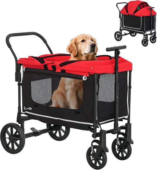 PawHut 2-in-1 hondenwagen, hondenbuggy, inklapbaar, voor honden en katten tot 30 kg, bolderkar met kussen, netvenster, 2 deuren, opbergtas, kattenwagen, buggy, rood