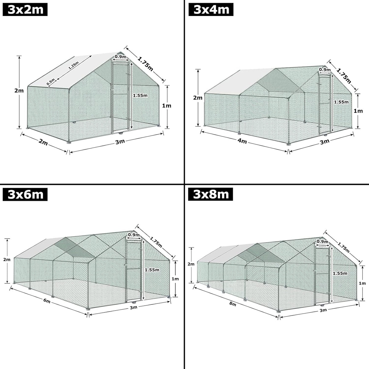Buitenren Kip – Kippenren – Konijnenhok – Gevogeltekooi – Buitenhok – Verzinkt Stalen Frame – PE Zonnescherm (3x8x2m)