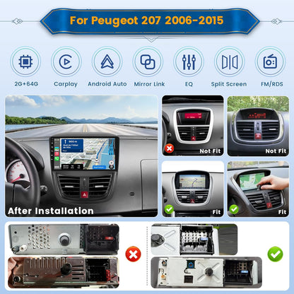 Autoradio Peugeot 207 – Stereo – Multimedia Speler – Navigatiesysteem – Auto Headunit – Android 13 Systeem – 9 Inch Touchscreen – Draadloze CarPlay & Android Auto
