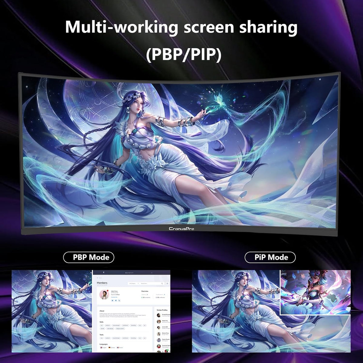34 inch Ultrabrede Gebogen Monitor, 165HZ Gamingcomputermonitor 1500R, 21:9 UWQHD (3440 x 1440) 1ms reactietijd, AMD FreeSync Premium, Displaypoort, HDMI 2.0