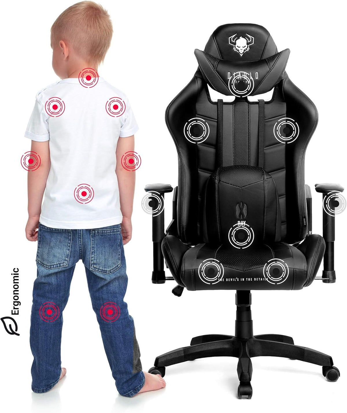 Diablo X-Ray Gaming Game Stoel Gaming Chair Bureaustoel 4D Armleuningen Ergonomisch Ontwerp Kunstleer Perforatie Kantelfunctie Zwart-Grijs Kido (S)