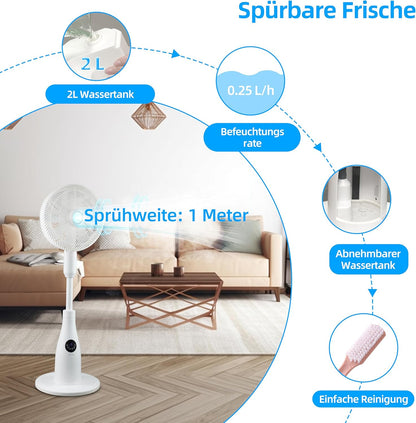 BE COOL BCPSN2L01 Premium staande sproeiventilator met afstandsbediening, 80 W, waterreservoir van 2 liter, 1500 m³/u, oscillatie en timer, stille werking met sfeerverlichting, wit