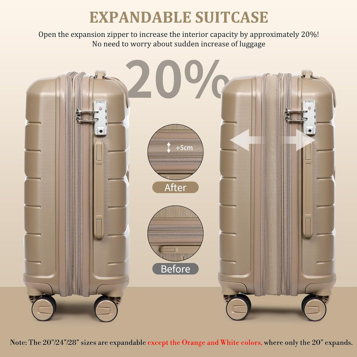 Sea choice Kofferset 4st Handbagage Trolley Koffer met Beautycase Harde Schaal Polypropyleen Reiskoffer TSA slot 4 dubbele Wielen S-M-L-XL (Kofferset 3(Uitbreidbaar), Edel Goud)