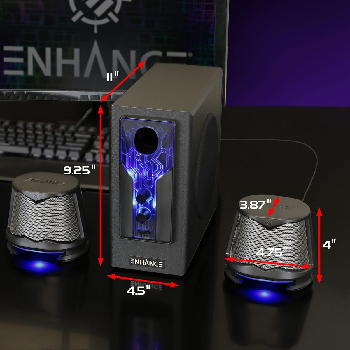 ENHANCE SB 2.1 Computerluidspreker met subwoofer – blauwe led-gamingluidspreker, high-excursion-geluidssysteem, AC-voeding, volume- en basregeling, compatibel met gaming-pc, desktop, laptop