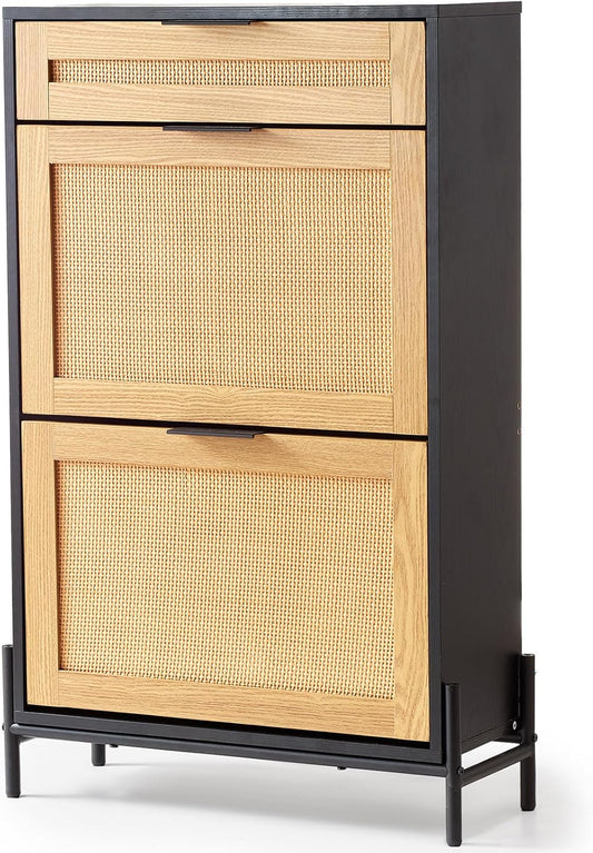 Schoenenkast – Schoenenrek – Schoenenopberger – Schoenenbank – Smalle Kast – 2 Flip-lades – Rattan Look Met Metalen Poten