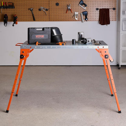 VEVOR Folding Welding Table 44" x 21", 500lbs Capacity Welding Workbench with 4 Levels Adjustable Height, Carbon Steel Workbench with 6 Tool Slots and 1.5cm Fixture Holes for Welding Assembly
