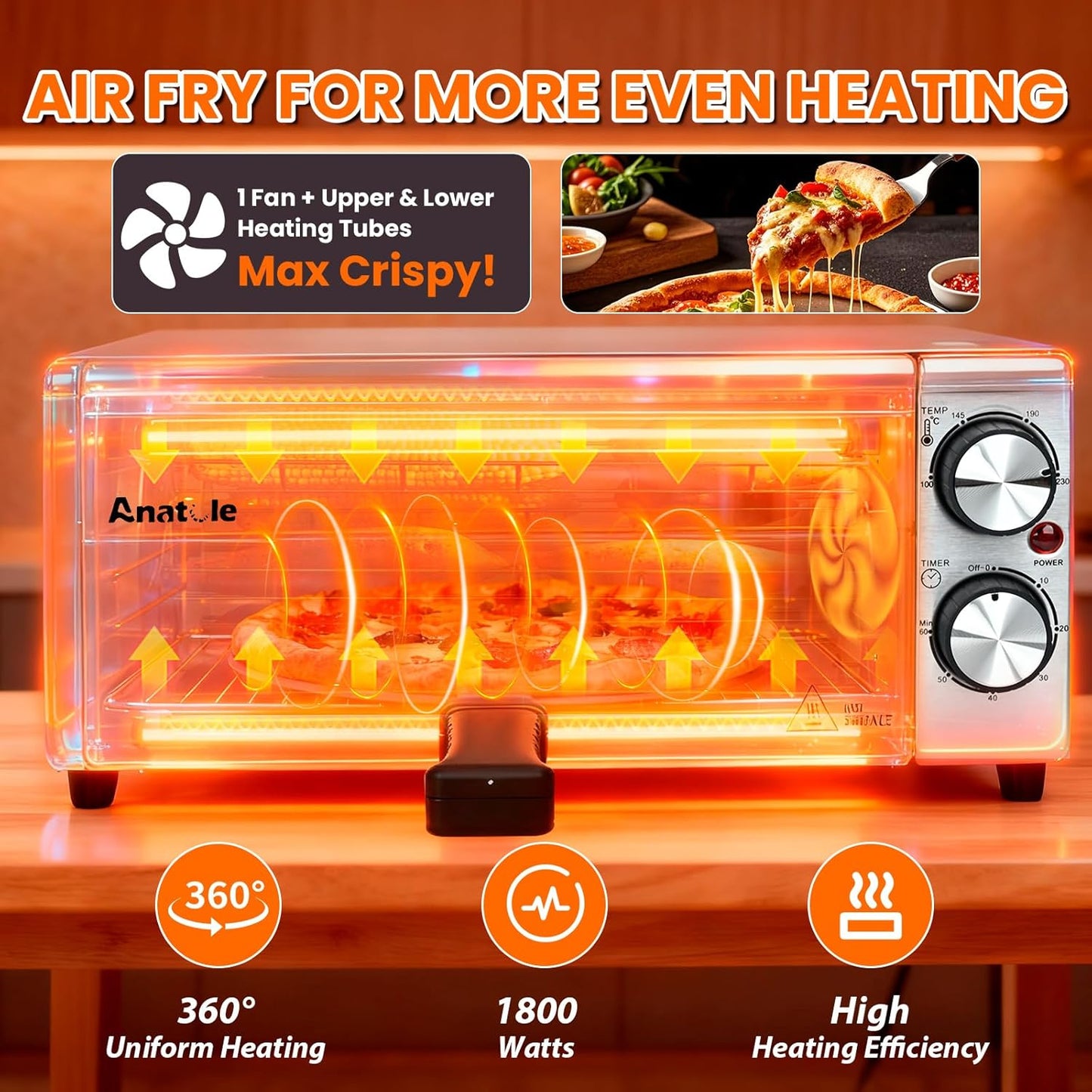 Anatole Elektrische Pizzaoven & Heteluchtfriteuse, RVS, 30.5 cm, 1800 W, Tijd- en Temperatuur Instelbaar, Met Circulatielucht, Inclusief Afneembaar Grillrek, Kruimellade en Ovenhandschoenen