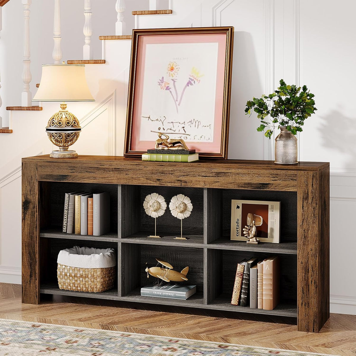 Tribesigns Console Table, 160 x 30 x 80 cm, Side Table, Hallway Table, Rustic Entrance Table Made of Wood, with 6 Storage Cubes for Entrance, Hallway, Living Room, Vintage Brown
