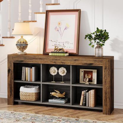 Tribesigns Console Table, 160 x 30 x 80 cm, Side Table, Hallway Table, Rustic Entrance Table Made of Wood, with 6 Storage Cubes for Entrance, Hallway, Living Room, Vintage Brown