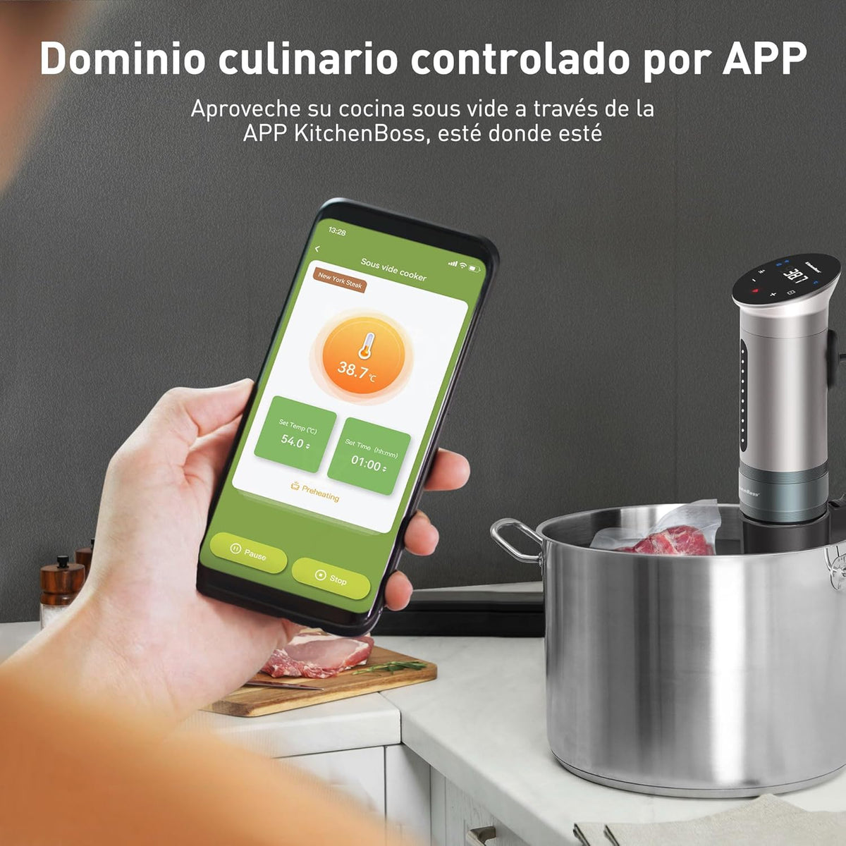 KitchenBoss Sous Vide Stick Garer: 1100 W precisietoestel wifi sous-vide stick app-besturing sous-vide staaf circulatie 40 ℃-90℃ IPX7 waterdicht LED Touch Display ultra-stille dompelcirculator