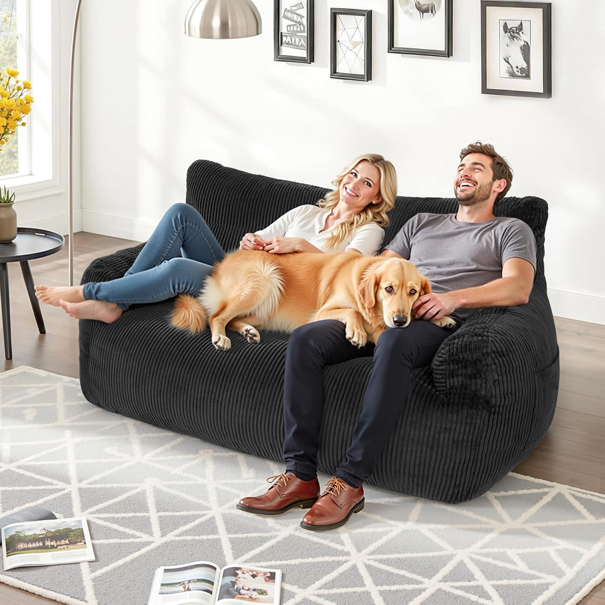 Pamapic Zitzak, zitzak voor volwassenen met vulling, dubbele loungestoel met draagbare handgreep, moderne ergonomische beanbag, indoor zitzak, stoel voor woonkamer, slaapkamer, speelkamer, zwart