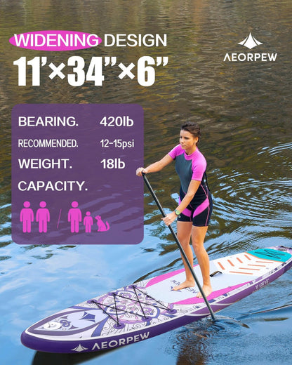 34" breed opblaasbaar paddleboard voor dames met premium paddleboardaccessoires, Adj SUP-peddel, 100 l rugzak, geschikt voor veelzijdige SUP-boards van alle vaardigheidsniveaus