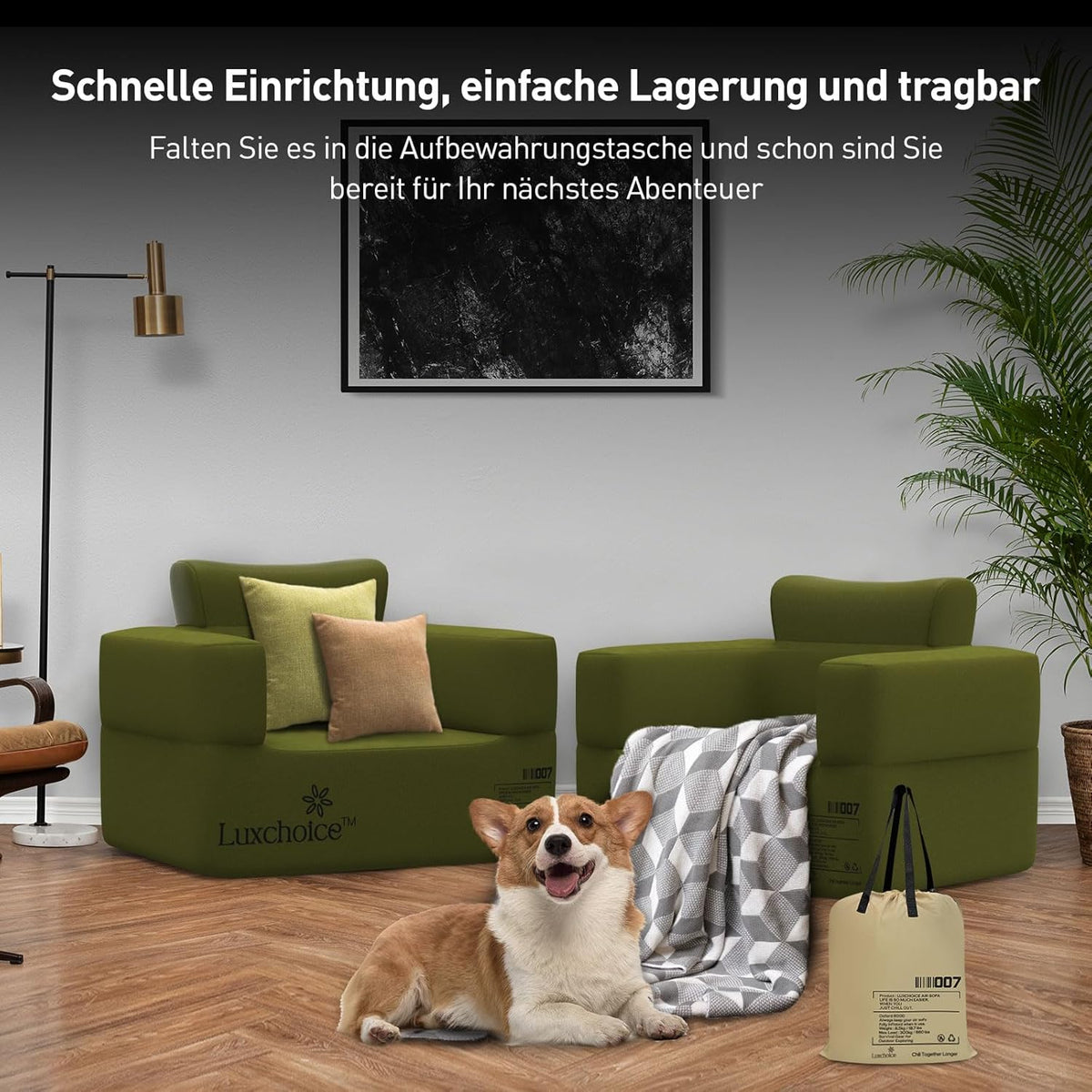 Luxchoice Opblaasbare sofa, camping, 1 persoon, luchtbank, camping, opblaasbare bank, opblaasbare outdoor luchtbank met armleuning en draagbare pomp