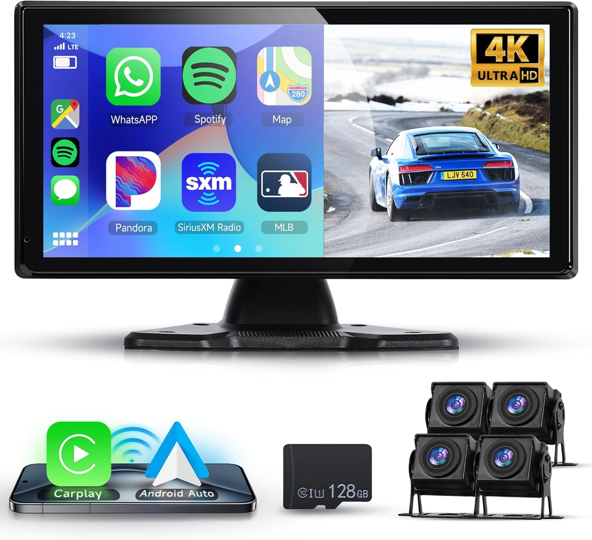 4K achteruitrijcamera 4 camera's set met draadloze Carplay Android Auto, 10,36 inch monitor 4 gesplitste schermen, Bluetooth/FM-zender/Loop Video/WiFi Video/Parkeermonitor voor Truck/Bus/Van/Caravan