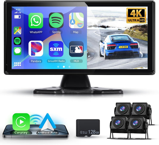 4K achteruitrijcamera 4 camera's set met draadloze Carplay Android Auto, 10,36 inch monitor 4 gesplitste schermen, Bluetooth/FM-zender/Loop Video/WiFi Video/Parkeermonitor voor Truck/Bus/Van/Caravan