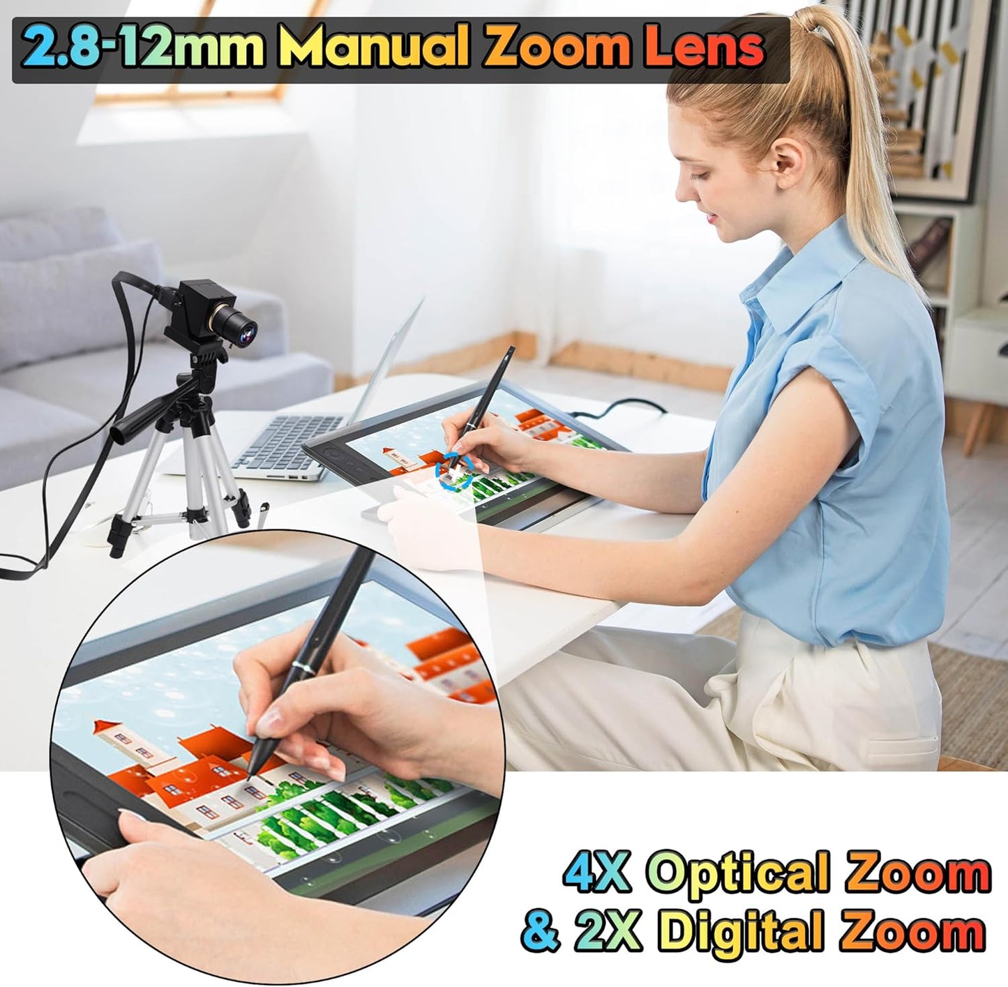 Svpro 4K USB HDMI-camera, handmatige focus, webcam voor close-ups met 2,8-12 mm zoomlens, plug and play-camera voor industrie, streaming en thuisvideo, externe camera voor computer, laptop, monitor,