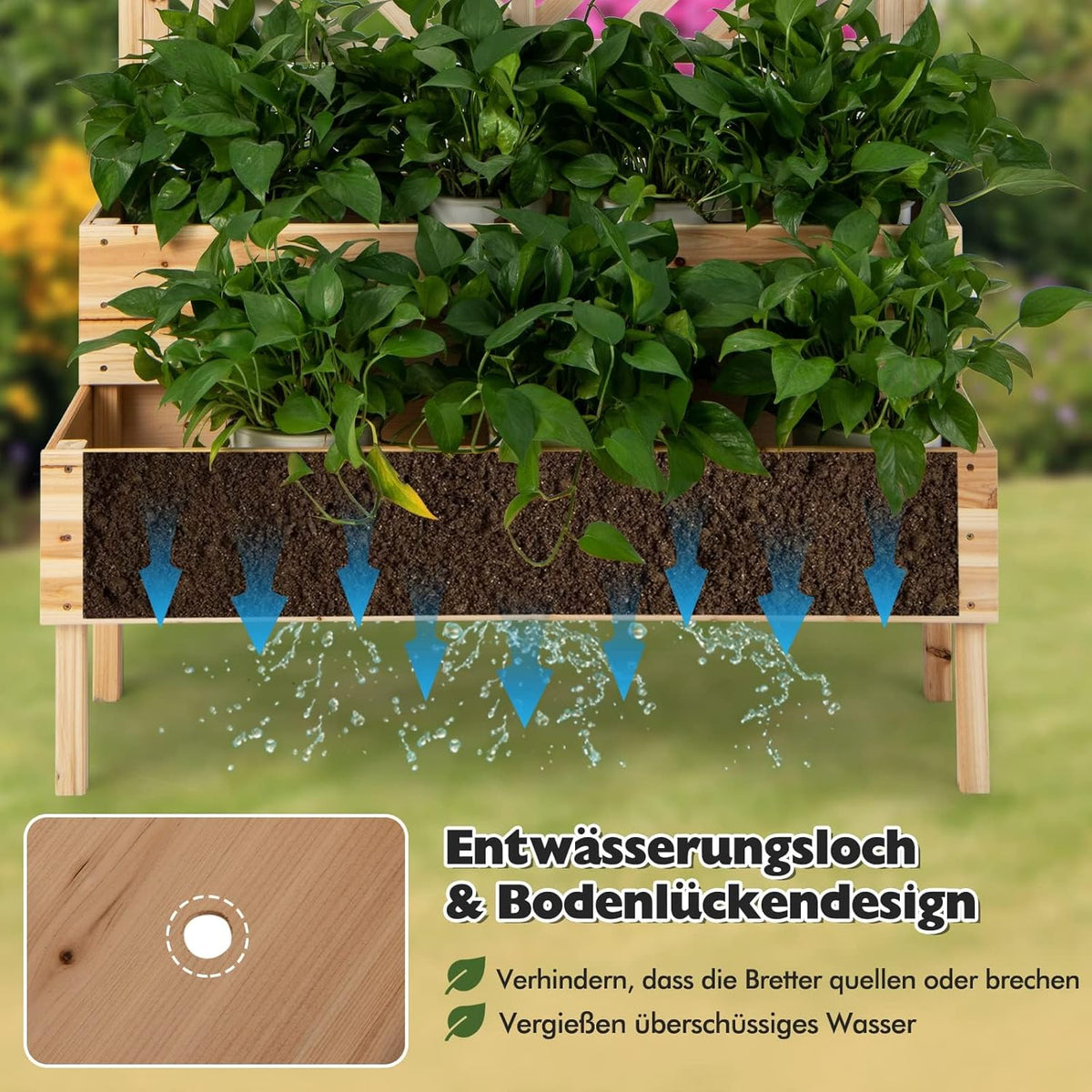 FANTASK Bloembak met latwerk van dennenhout, tuinspalier met 2 rankkasten, plantenbak voor klimplanten, verhoogd bloembed met rankrooster en drainagegat (natuur)