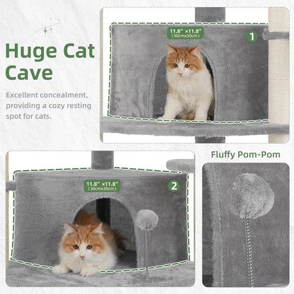 Corner Cat Tree for Indoor Cats, Cat Tower with All Sisal Scratching Posts, Multi-level Cat Condo wth 2 Large Cat Caves, Big Top Perch, 2 Hanging Baskets, Sisal Ramp, Light Gray GCT035W