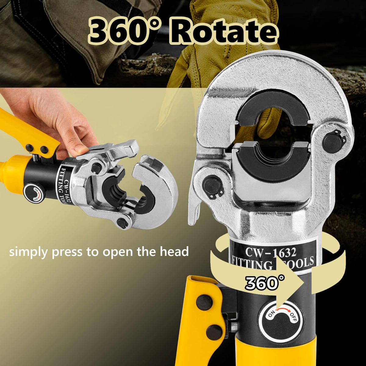 CGOLDENWALL Hydraulische buiskrimptang, met TH16 20 26 32 mm² vormen, met 360° draaibare kop, 16T, voor koper/aluminium kunststof/Pex/PB-buis