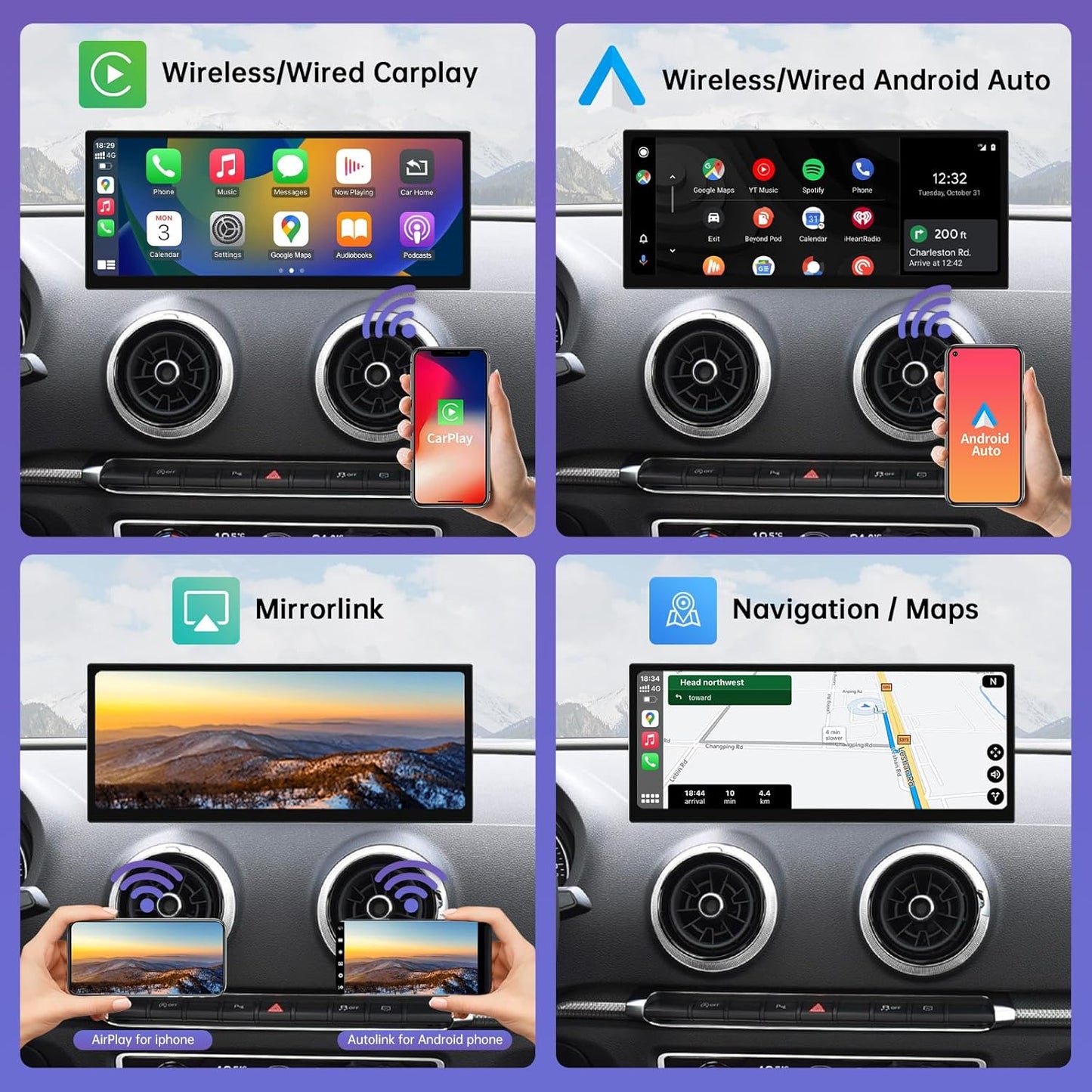 12,3 Inch Autoradio Touchscreen – Multimediascherm – Infotainmentsysteem – CarPlay Interface – Draadloze Android Auto – Draadloos CarPlay & Android Auto – HD Resolutie 1920x720 Pixel