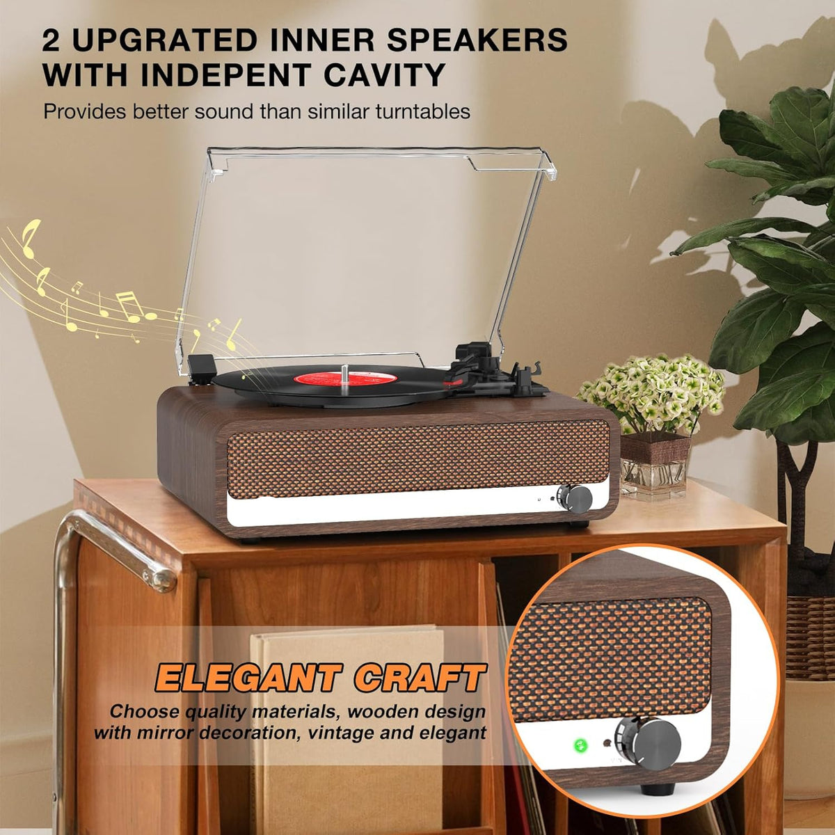 Platenspeler - Geïntegreerde Luidsprekers - Vintage Fonograaf - met Bluetooth-Riemaandrijving - 3 snelheden - voor Muziekgenot - Woondecoratie - Hout - Walnoot
