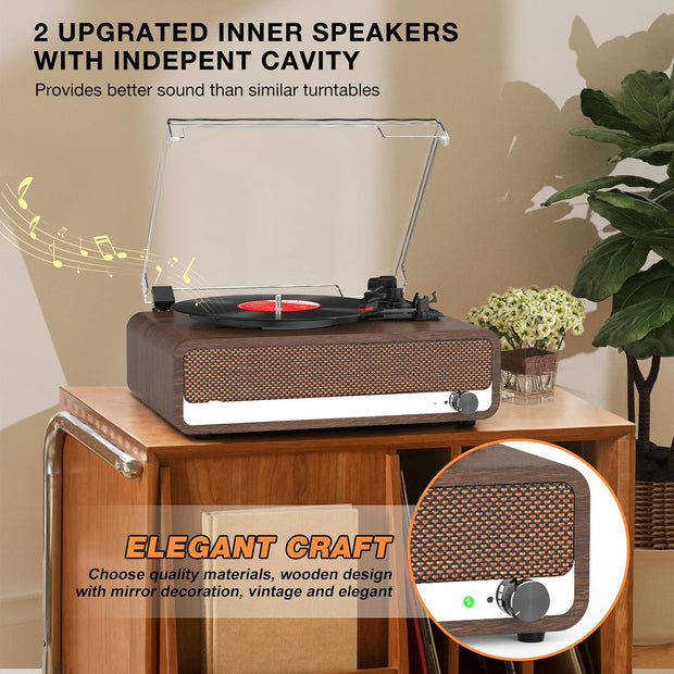 Platenspeler - Geïntegreerde Luidsprekers - Vintage Fonograaf - met Bluetooth-Riemaandrijving - 3 snelheden - voor Muziekgenot - Woondecoratie - Hout - Walnoot