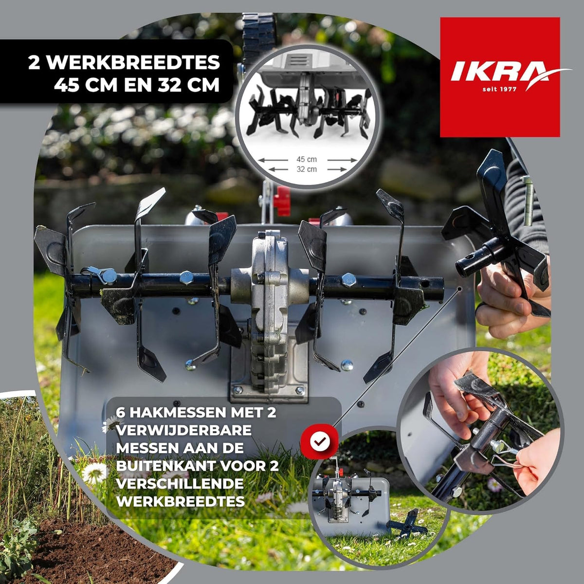 IKRA Elektrische Grondfrees IEM 1500, flexibele werkbreedte 32 & 45cm, werkdiepte tot 20cm, krachtig 1500W vermogen
