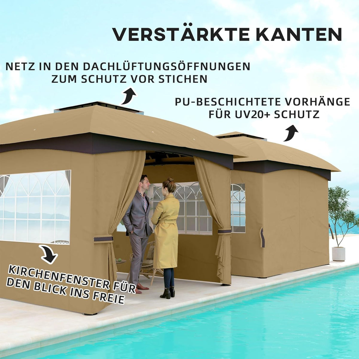 Outsunny Pavillon approx. 3.4x3.4m wasserabweisend Gartenpavillon mit 4 Seitenteilen, Doppeldach, Partyzelt mit UV-Schutz Gartenzelt mit verzinktem Metallrahmen, für Garten Beige - QUORE